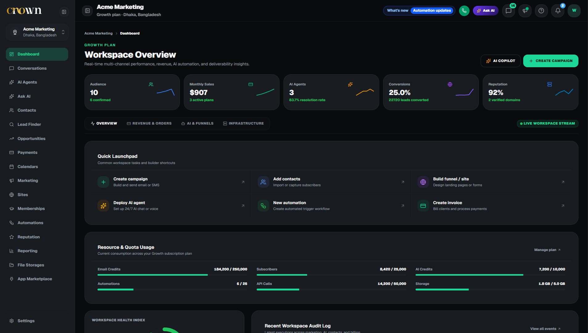 Crownvo customer workspace overview showing campaign performance, AI automation, revenue, and resource usage.